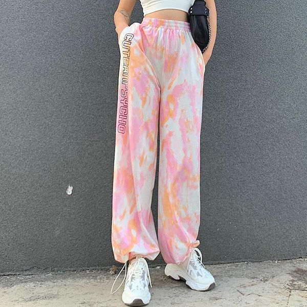 

women's pants & capris sports trousers all-match elastic high waist tie-dyed loose straight leg fashion casual harajuku jogging, Black;white