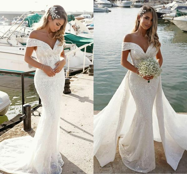 

mermaid lace wedding dresses 2022 robe de mariÃ©e detachable train off the shoulder beach wedding gowns summer dresses, White