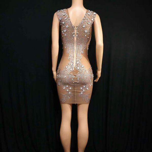 

new silver crystals mesh dress rhinestones evening party short dress womens birthday celebrate outfit see through dresses, Black;red