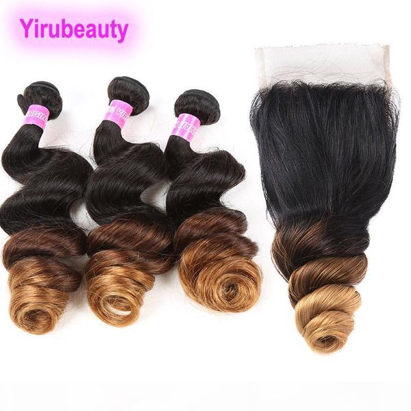 

peruvian human hair 1b 4 30 ombre hair extensions loose wave bundles with 4x4 lace closure 4pcs loose wave yirubeauty, Black;brown