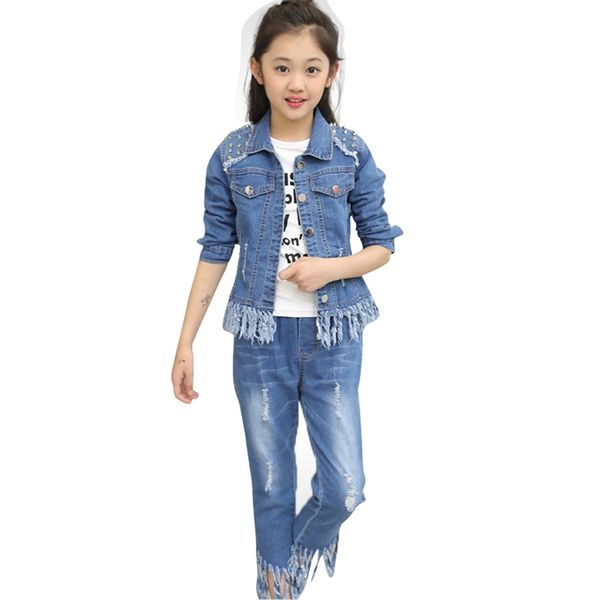 

girls clothes set denim rivet jackets + jeans 2pcs autumn winter teenage kids wear 6 8 10 12 13 14 year 210527, White