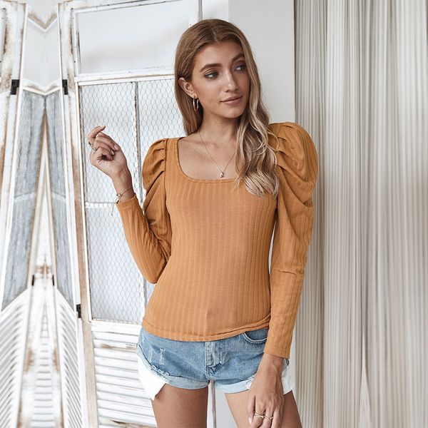 

2021 autumn winter thin knitted women casual square collar solid full sleeve t shirt new r90q, White