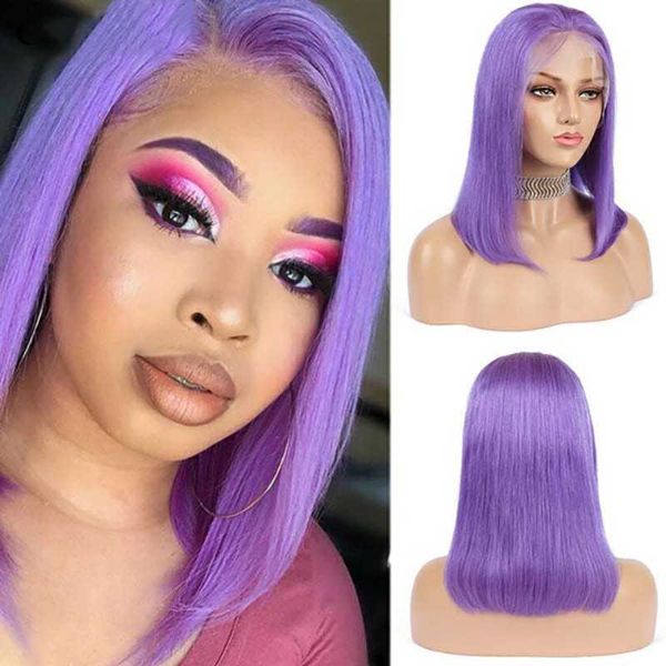 

lace wigs colored t part brazilian straight short bob wig remy for black women purple human hair, Black;brown