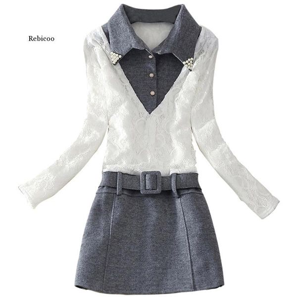 

casual dresses winter warm plus velvet dress women long sleeve patchwork lace elegant turn-down collar a-line, Black;gray