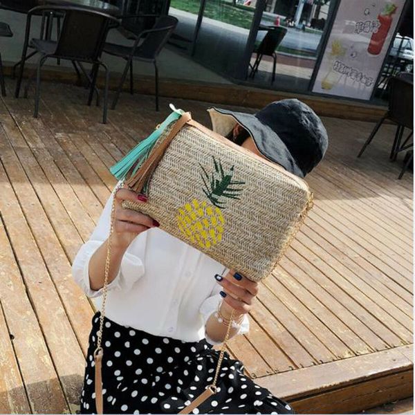 

pineapple women straw shoulder bags embroidery zipper shopping handbag crossbody, Black;blue