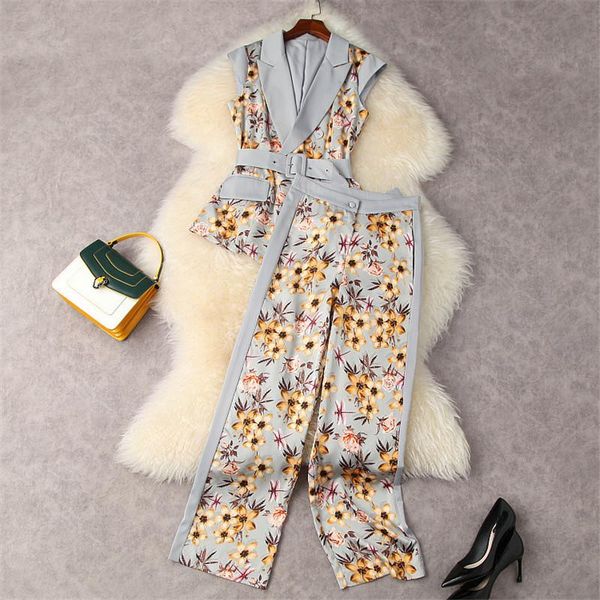 

women's two piece pants summer elegant lady office 2 outfits sets business fashion floral print blazer vest and trousers suits, White
