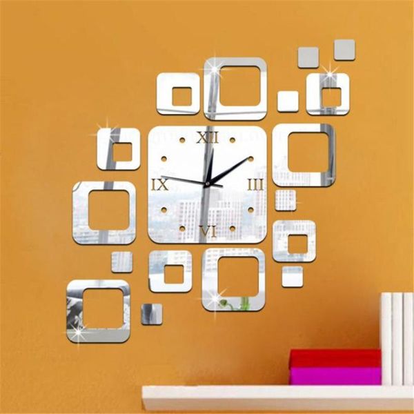 

wall clocks 2021 square mirror silver clock modern design home decor watch sticker silent quartz movement #30