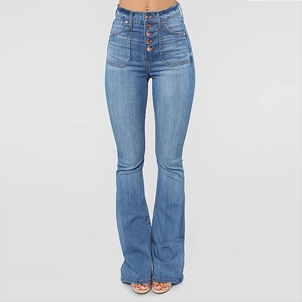 

denim pants button up mid women jeans waist flare retro trousers plus size bell bottom, Blue