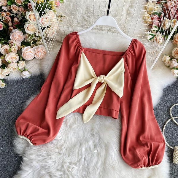 

women's blouses & shirts spring and autumn retro hit color bowknot slim slimming square collar shirt western style long-sleeved short w, White