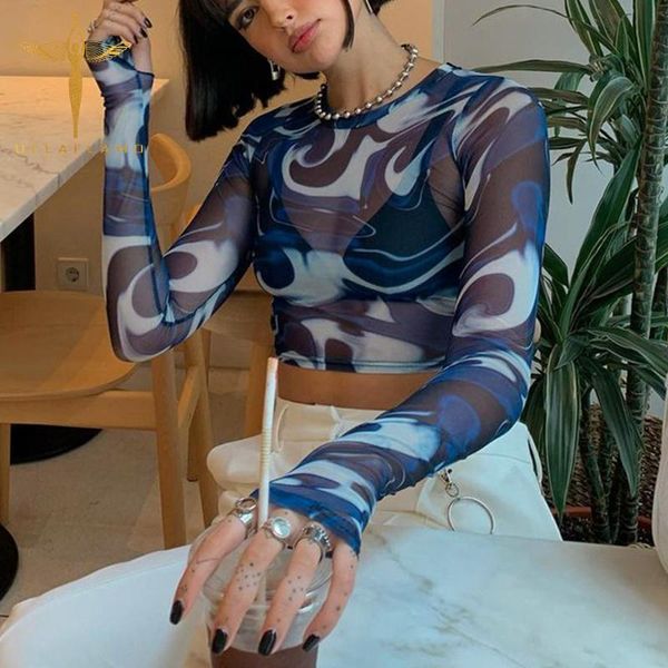 

women's t-shirt tie-dye see-through mesh female round neck long sleeve skinny tee-shirt women pullover trendy print crop top, White