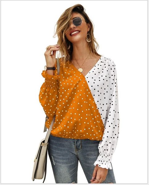 

women's blouses & shirts personality stitching polka dot women blouse 2021 autumn winter casual light shirt v neck lotus leaf slee, White