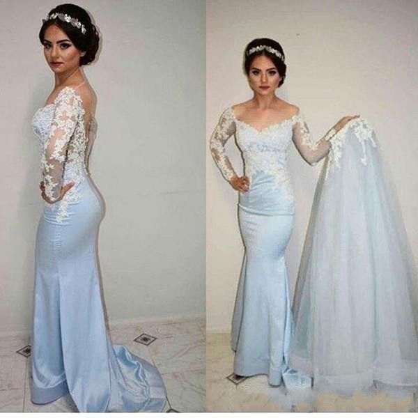 

2022 fashion detachable train mermaid prom dresses white lace off shoulder long sleeves illusion applique evening formal pageant dress new, Black