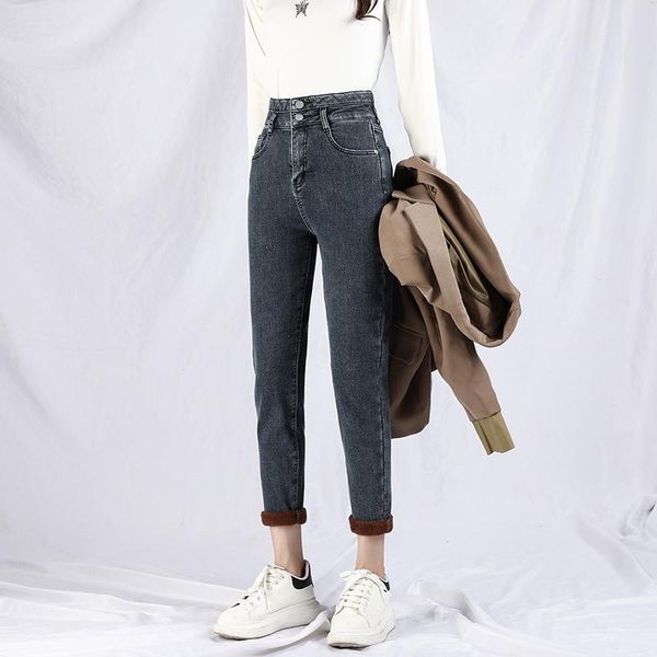 

women's jeans 2021 winter high-waisted harem pants plus velvet thickened warm denim trousers retro blue gray size 5xl