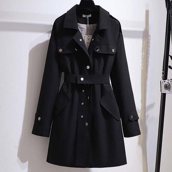 

women's trench coats spring autumn winter plus size single breasted fashion belt women windbreaker large big 4xl 5xl 6xl lapel collar l, Tan;black