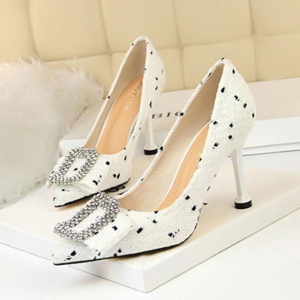 

dress shoes spring and autumn ladies high heels sweet bow metal rhinestone buckle cloth set toe head single korean version, Black