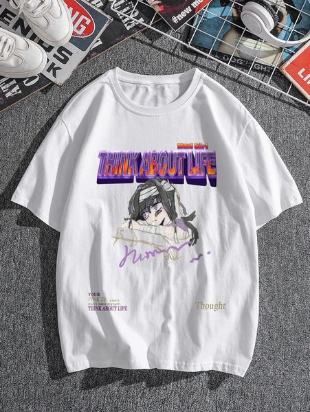 

men slogan and figure graphic tee c0nd#, White;black