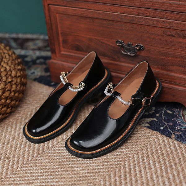 

Pearl Decoration Flats for Women Genuine Leather Comfortable Shoes 2021 Spring New High Quality Mary Janes Round Toe Shose Women, Black