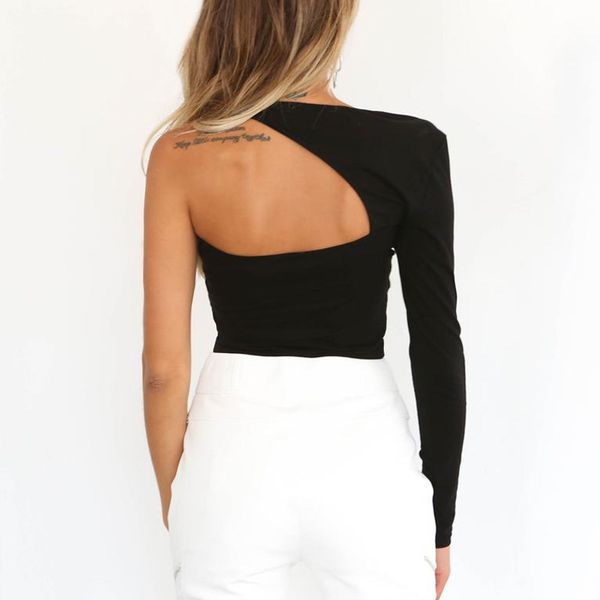 

one sleeve cotton solid crop women casual one shoulder backless t shirts elegant stretchy black outfits tees, White