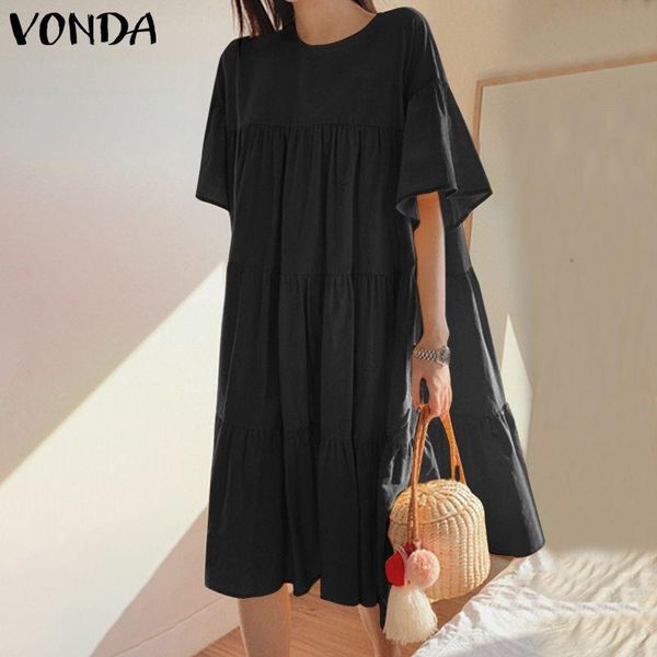 

casual dresses women loose dress 2021 vonda o neck solid mini plus size retro short sleeve party vestidos femme sundress 5xl, Black;gray
