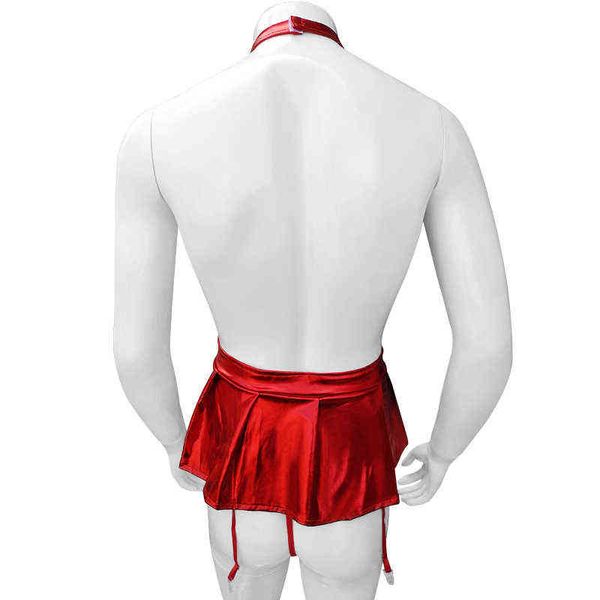 

nxy setshiny pu leather sissy mini dress erotic lingerie set with thong mens nightwear club wear adjustable waist plus size 1127, Red;black