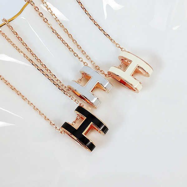 

enamel h letter necklace 925 sterling sier white milk tea pink h pendant female rose gold chain, Silver