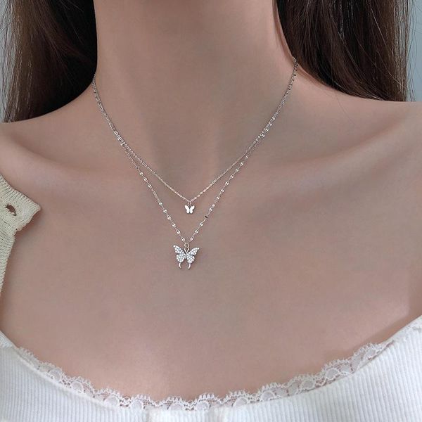 

pendant necklaces fashion shiny butterfly tassel necklace female exquisite double layer clavicle chain wedding party jewelry wholesale, Silver
