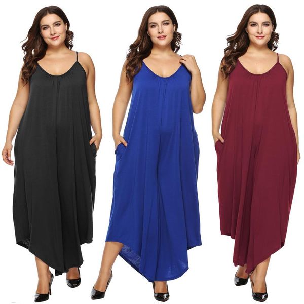 

women's jumpsuits & rompers summer large size women casual solid loose sling sleeveless irregular jumpsuit girls wide leg pants 2xl 3xl, Black;white