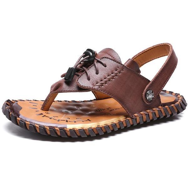 

slippers genuine leather men's flip flops summer outdoor beach shoes men casual sandals big size male handmade design slides, Black