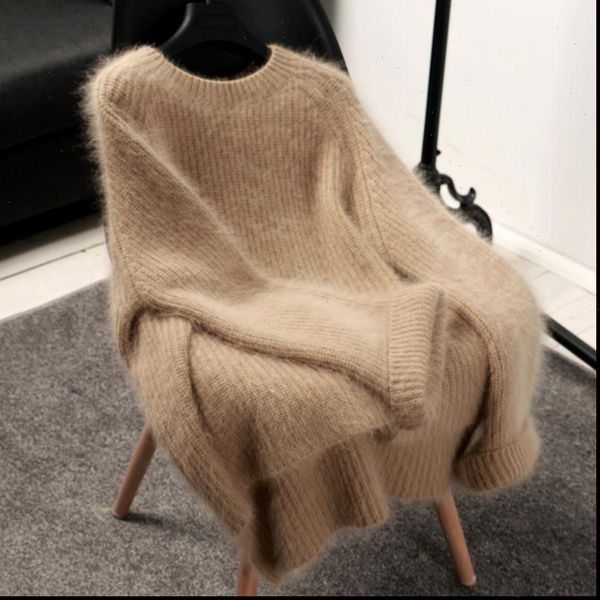 

2021 korean chic mink cashmere warm women sweater winter fashion yellow knitted soft casual long sleeve loose pullovers, White;black