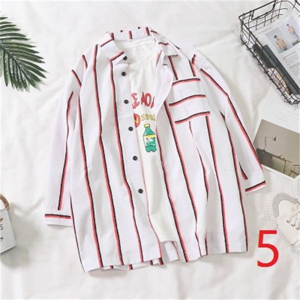

2021 new summer vertical stripes 7 seven-sleeve men's trend short-sleeved shirt male students handsome wild jacket fqzv, White;black
