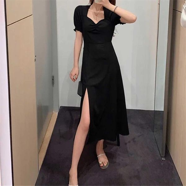 

casual dresses 2021 summer retro long temperament waist slimming dress, Black;gray