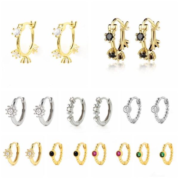 

hoop & huggie gs 925 sterling silver black white zircon cz flower beads earrings for women gift luxury 8/9/10mm circle, Golden;silver
