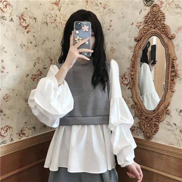 

women's blouses & shirts spring autumn women korean patchwork fake two pieces ladies fashion brand o-neck lantern sleeve hipster, White