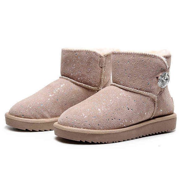 

cowhide net red snow boots women's winter printed cowhide button waterproof short tube cotton sho, Black