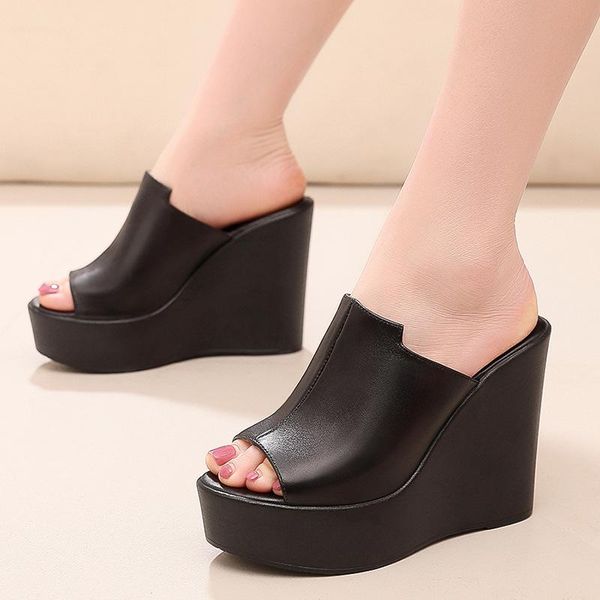 

slippers leather platform high slope heel super night club show muffin women's sandals, Black
