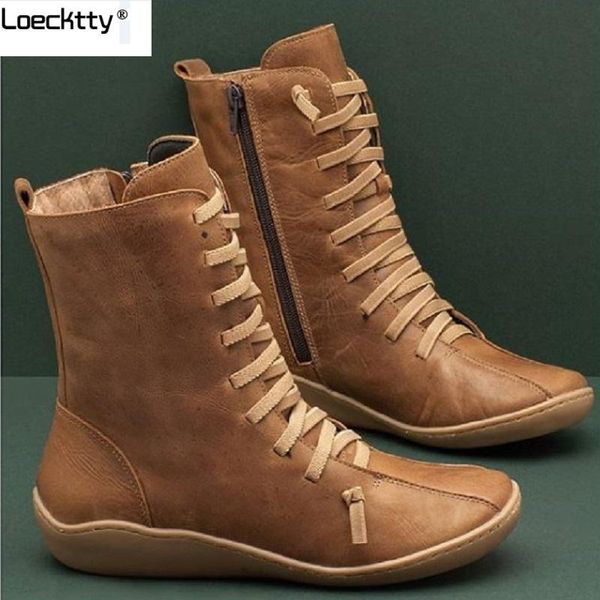 

boots 2021 leather autumn vintage lace up women shoes comfortable flat heel female zipper short drop, Black