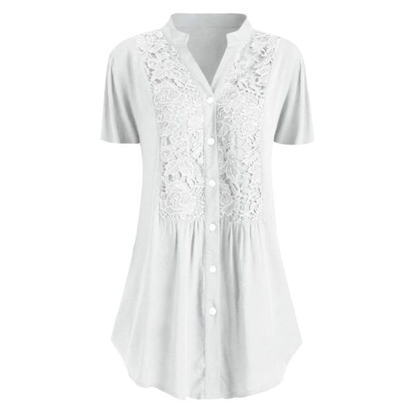 

women's t-shirt fashion women summer 2021 tshirt casual plus size lace solid short sleeves loose button v-neck shirt #45, White