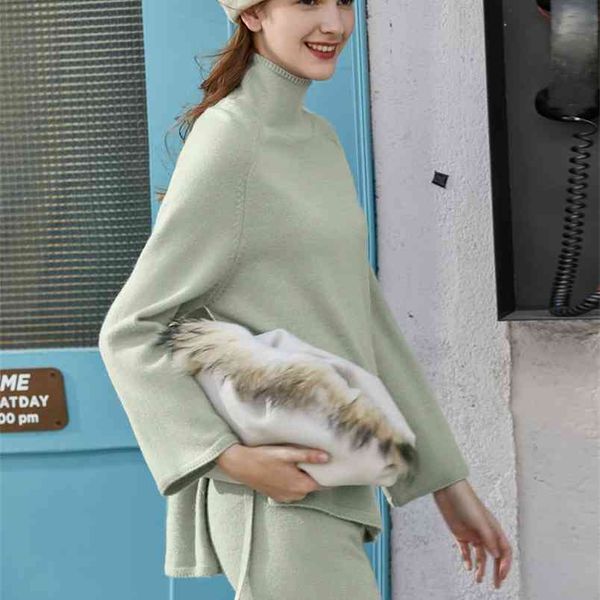 

winter spring lazy fashion sweater for women turtle neck loose knit and high waist wide leg pants 11940513 210527, White