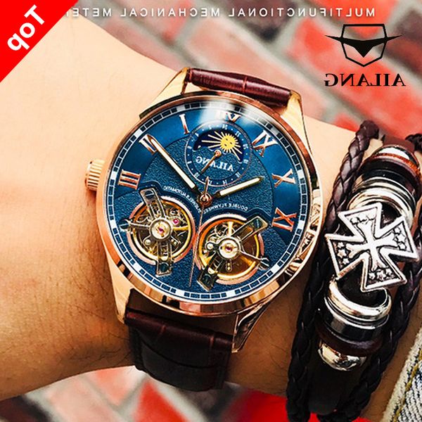 

ailang design double flywheel automatic mechanical watch fashion casual business men's clock original, Slivery;brown
