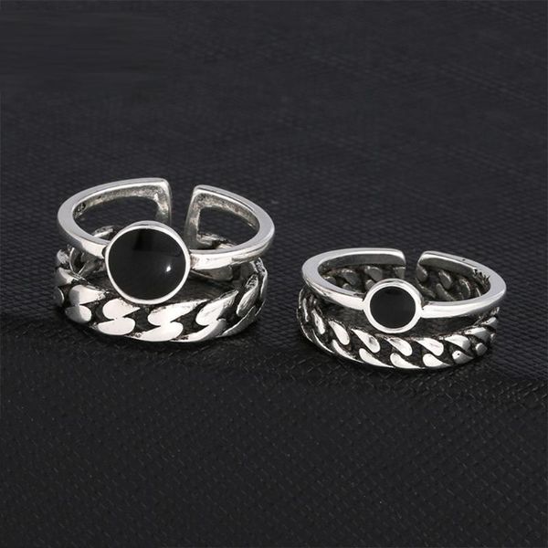 Cluster Rings Minimalista Kpop Chain Stripe con Black CZ Toe Ring Finger per uomo Donna Coppia amante Set