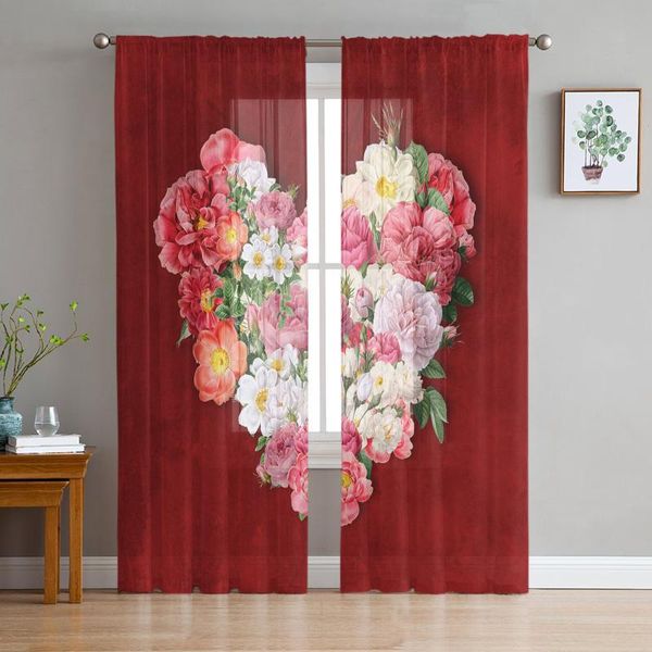 

curtain & drapes red love flower tulle curtains decor sheer for living room bedroom kitchen home at window panels