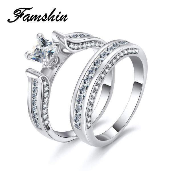 

cluster rings famshin charm cz lovers fashion jewelry silver color crystal engagement wedding ring for women men couple set, Golden;silver