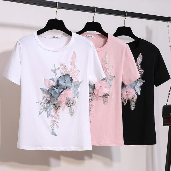 

summer embroidery beading flower tshirts women o neck short sleeve girl t-shirts women floral tee shirt, White