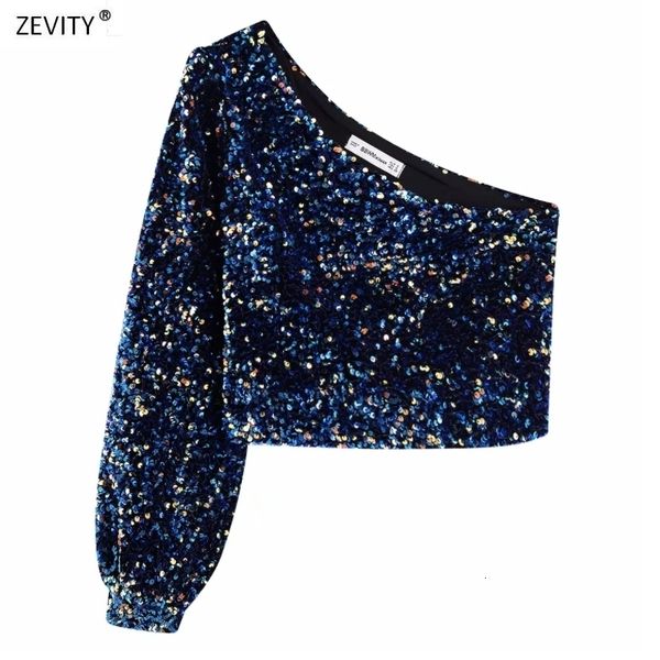 

2021 women sequins decoration asymmetry single shoulder shirts female nine quarter sleeve roupas leisure blouse chic ls6115 cx200616, White