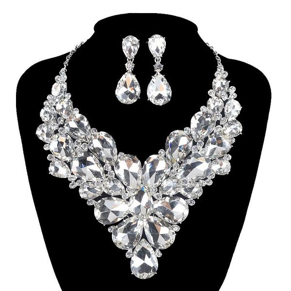 

fashion jewellery crystal necklace earrings bridal jewelry sets for brides party wedding costume accessories decoration, Silver