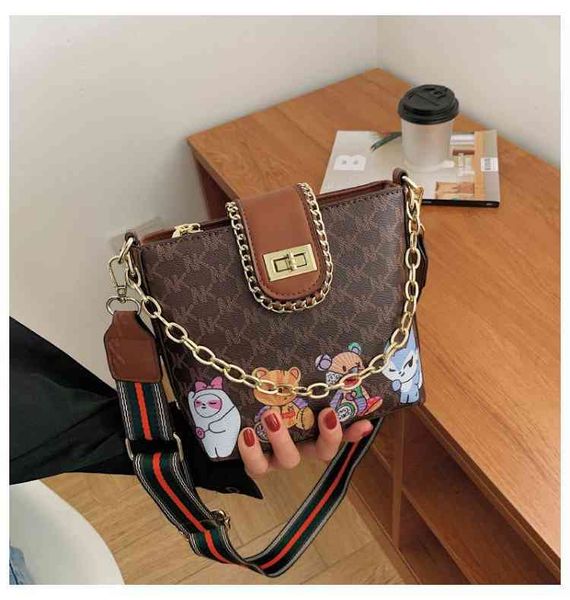 

bags handbags wallets cartoon printing bucket women's 2021 fashion wide shoulder belt buckle autumn and winter chain portable messenger, Black;red