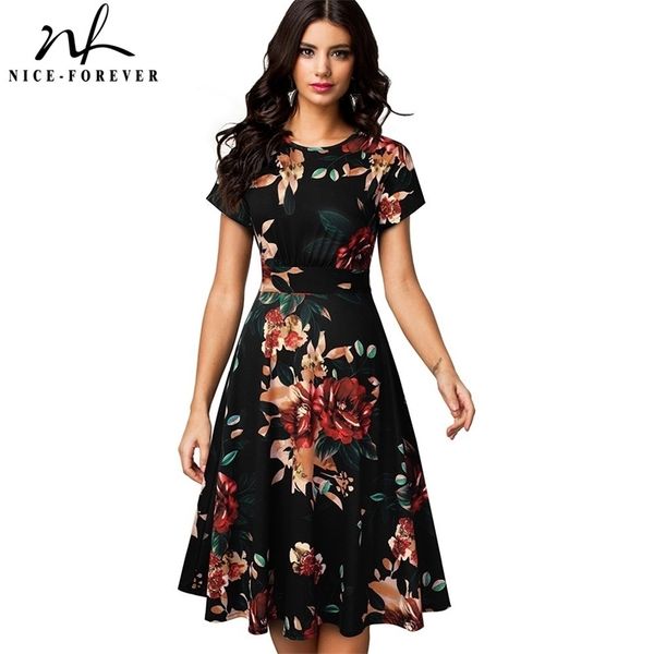 

nice-forever vintage elegant floral print pleated round neck vestidos a-line pinup business party women flare swing dress a102 210303, Black;gray