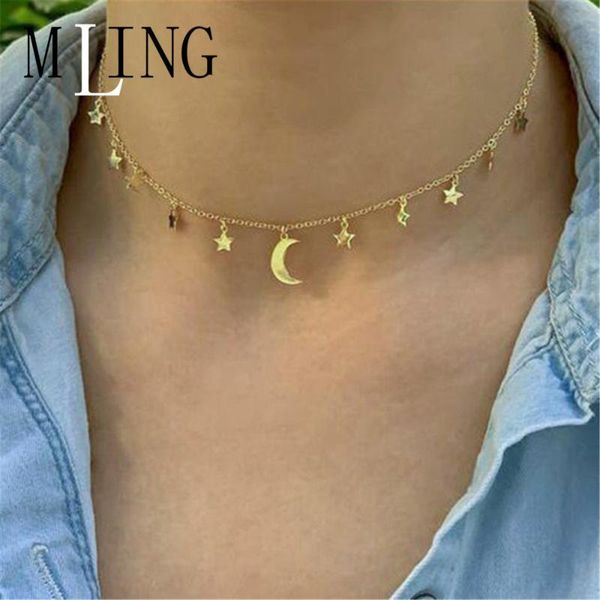 

chokers mling vintage gold alloy geometric choker necklace fashion moon star for women, Golden;silver