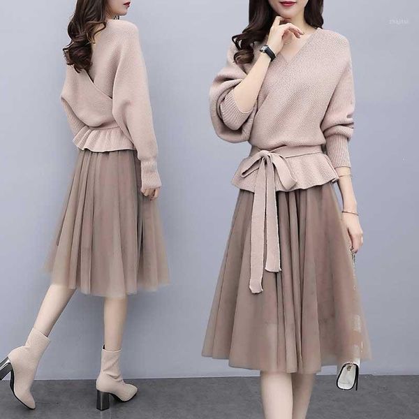 

two piece dress spring elegant sweater pullover midi skirt 2 set women knitted elastic waist loose suit, White