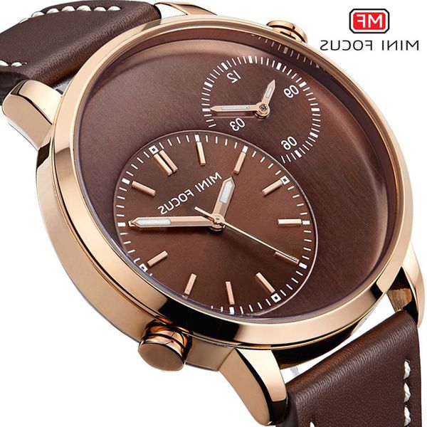 

fox mini focus men's business double dial waterproof leather crystal mirror quartz watch mf0035g, Slivery;brown
